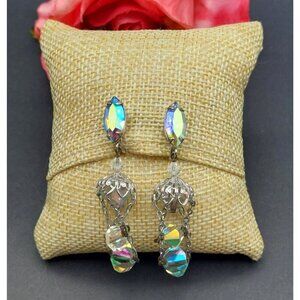 Vintage Lewis Segal AB Crystal Dangle Drop Clip On Earrings Silver Tone Formal